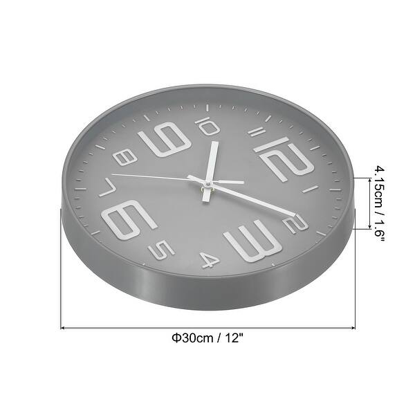 12" Wall Clock Battery Operated Silent NonTicking 3D Numbers Gray